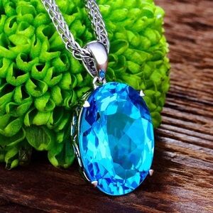 Sterling Silver Blue Topaz Charm Pendant Chain Link Necklace